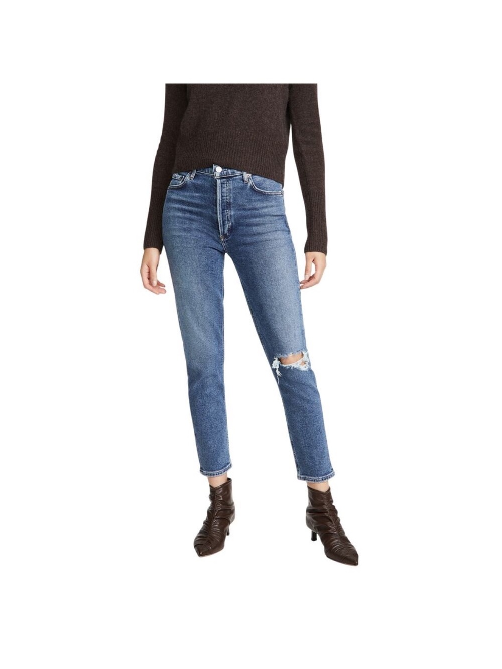 Agolde Mid-Blue High-Rise Cropped Skinny Jeans with Knee Distress - Picture 2 of 9